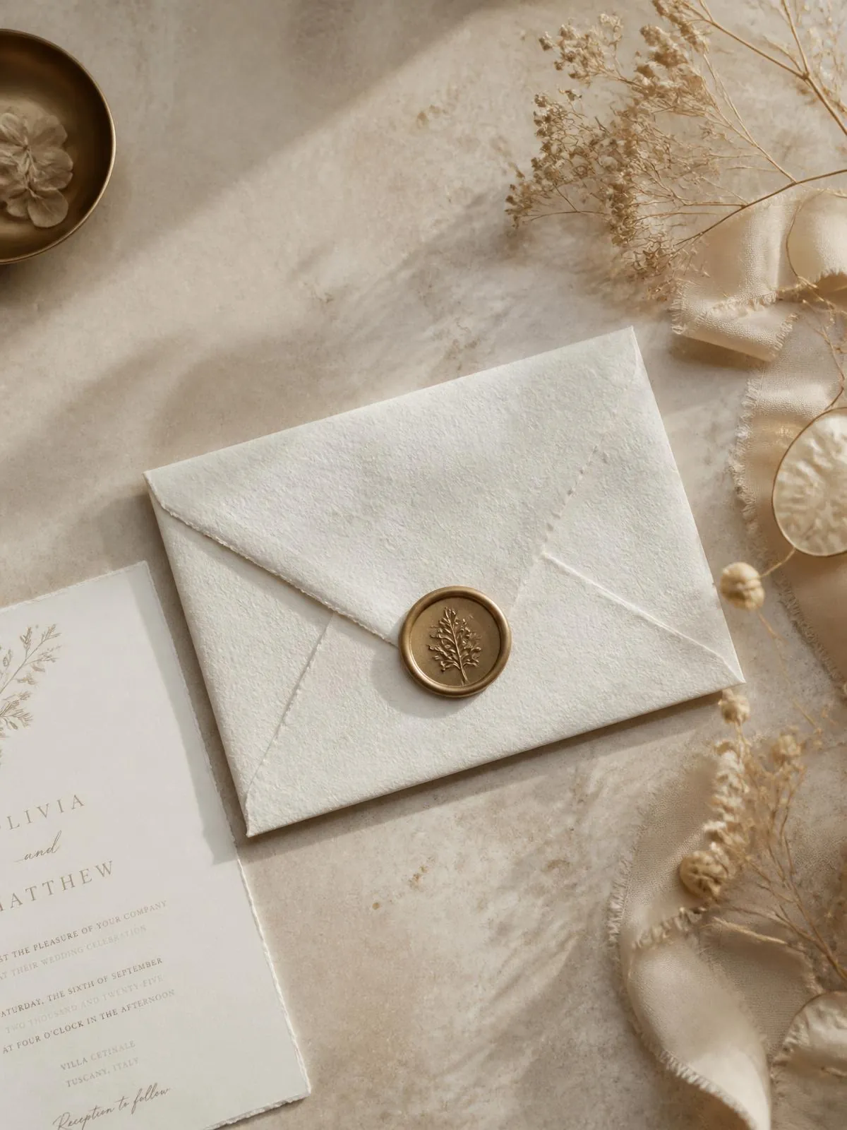Ivory wedding envelope closed with a gold wax seal